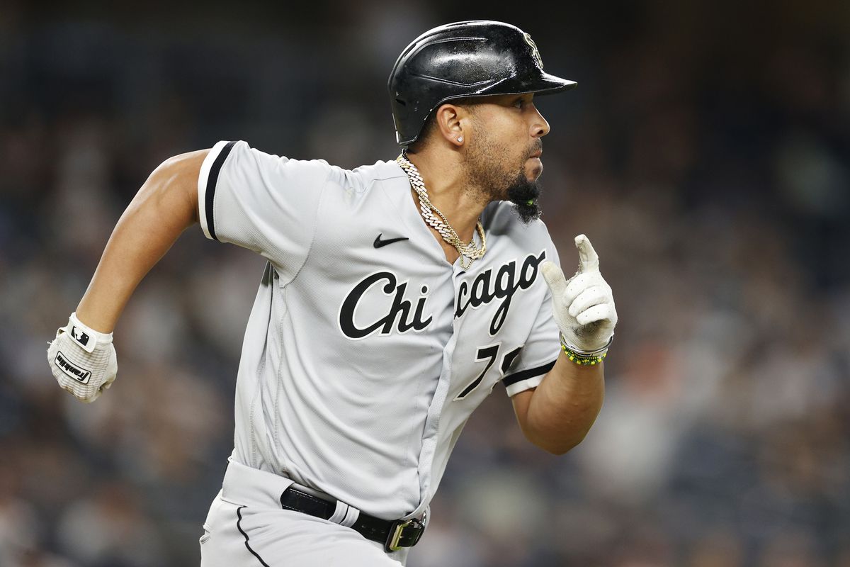 Jose Abreu #79 of the Chicago White Sox runs to first during the eighth inning of Game Two of a doubleheader against the New York Yankees at Yankee Stadium