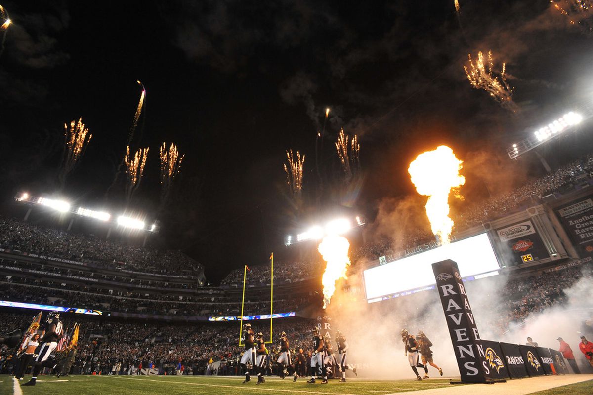 BALTIMORE - NOVEMBER 24:  The Baltimore Ravens take the field before the game against the San Francisco 49ers at M&T Bank Stadium on November 24. 2011 in Baltimore, Maryland. The Ravens defeated the 49ers 16-6. (Photo by Larry French/Getty Images)