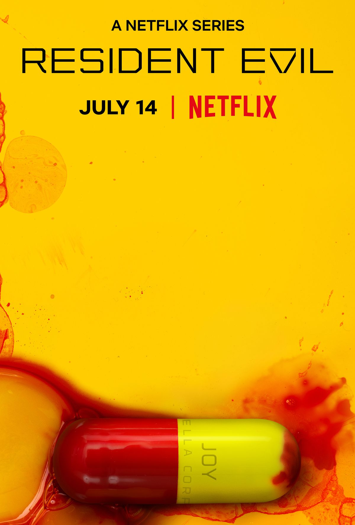 A red and yellow pill on a yellow background