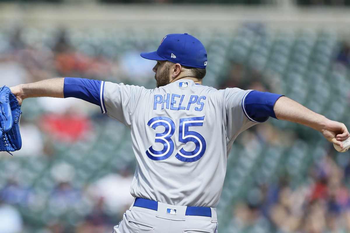 David Phelps #35 of the Toronto Blue Jays pitches against the Detroit Tigers at Comerica Park on July 21, 2019 in Detroit, Michigan.  