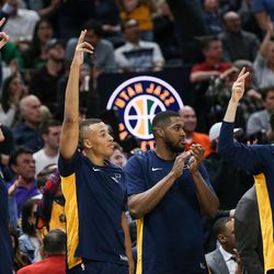 Utah Jazz players celebrate a point against the Boston Celtics at Vivint Smart Home Arena in Salt Lake City on Wednesday, March 28, 2018.