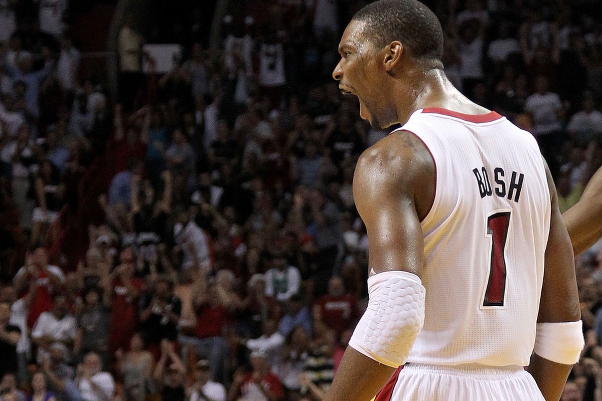 MIAMI, FL - APRIL 10: Chris Bosh of the Miami Heat reacts after being fouled during a game against the Boston Celtics at American Airlines Arena on April 10, 2011 in Miami, Florida. (Photo by Mike Ehrmann/Getty Images)