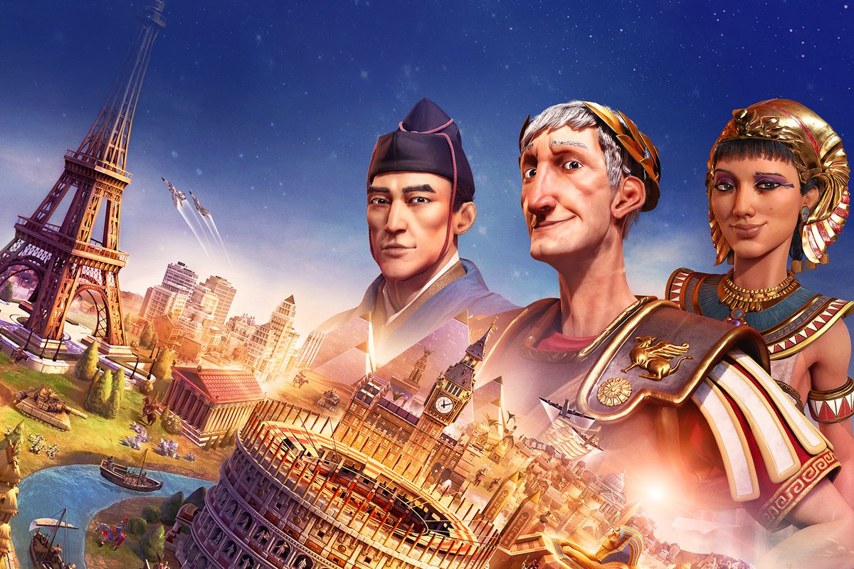 Civilization 6 title art showing the Eiffel Tower and Colosseum, with portraits of famous world leaders above