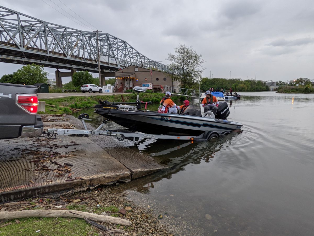 Brother Rice launches one of its boats Thursday at the Des Plaines River sectional for IHSA bass fishing. Credit: Dale Bowman