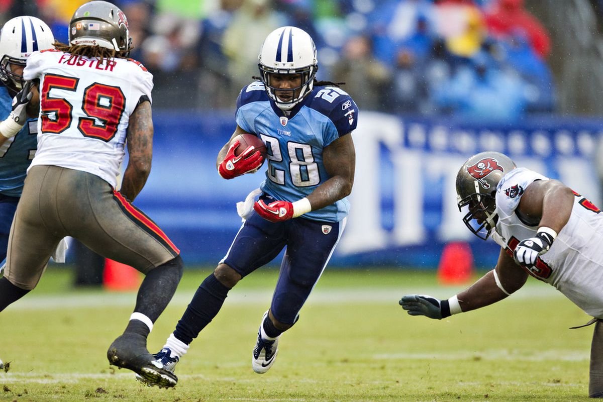 NASHVILLE, TN - NOVEMBER 27:   Chris Johnson #28 of the Tennessee Titans runs the ball against the Tampa Bay Buccaneers at LP Field on November 27, 2011 in Nashville, Tennessee.  (Photo by Wesley Hitt/Getty Images)