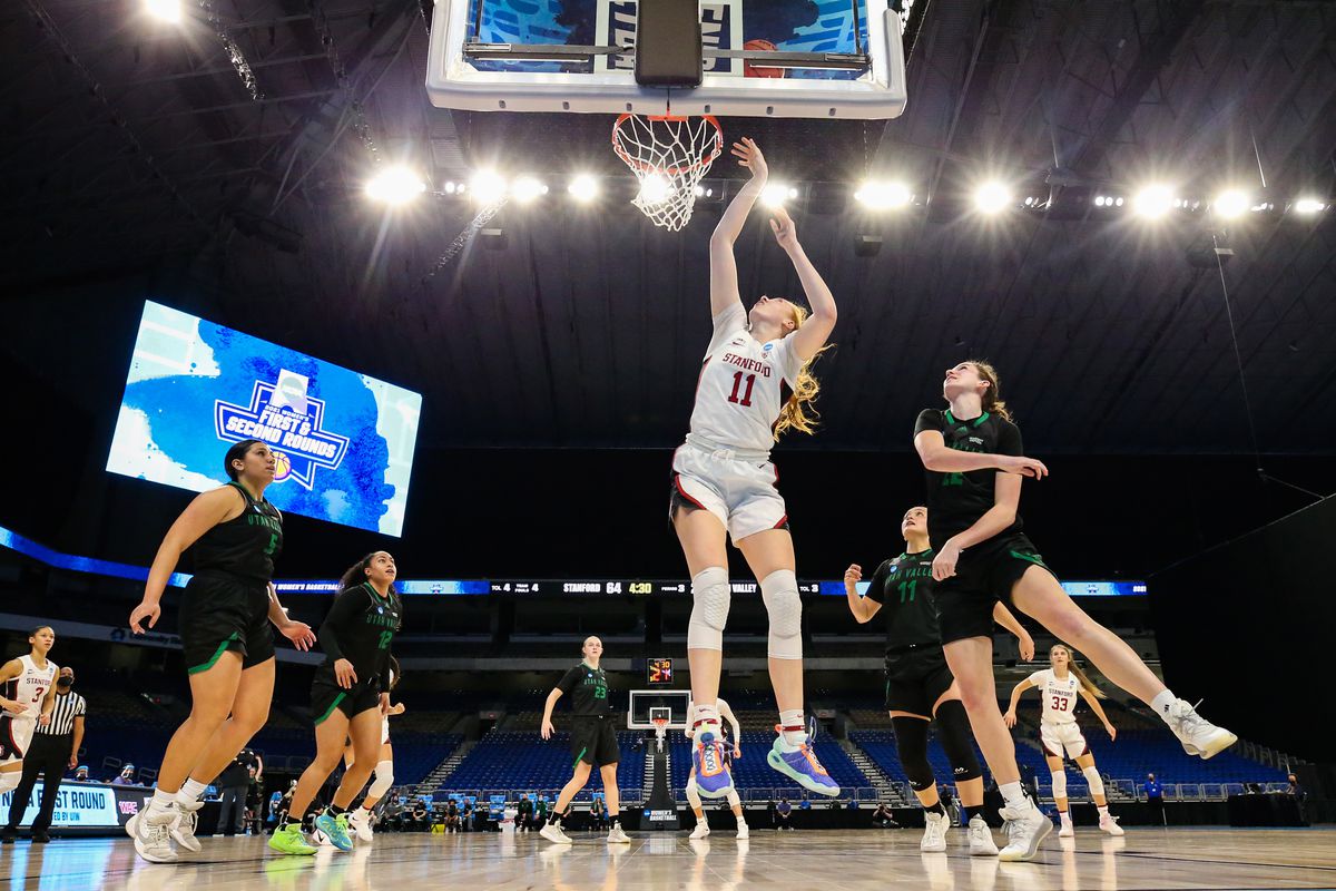 Ashten Prechtel #11 of the Stanford Cardinal drives to the basket against the Utah Valley Wolverines in the first round game of the 2021 NCAA Women’s Basketball Tournament at the Alamodome on March 21, 2021 in San Antonio, Texas.