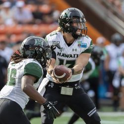 Hawaii quarterback Cole McDonald (13) hands off the football to running back Miles Reed (26) during the first half of the team’s Hawaii Bowl NCAA college football game against BYU, Tuesday, Dec. 24, 2019, in Honolulu.