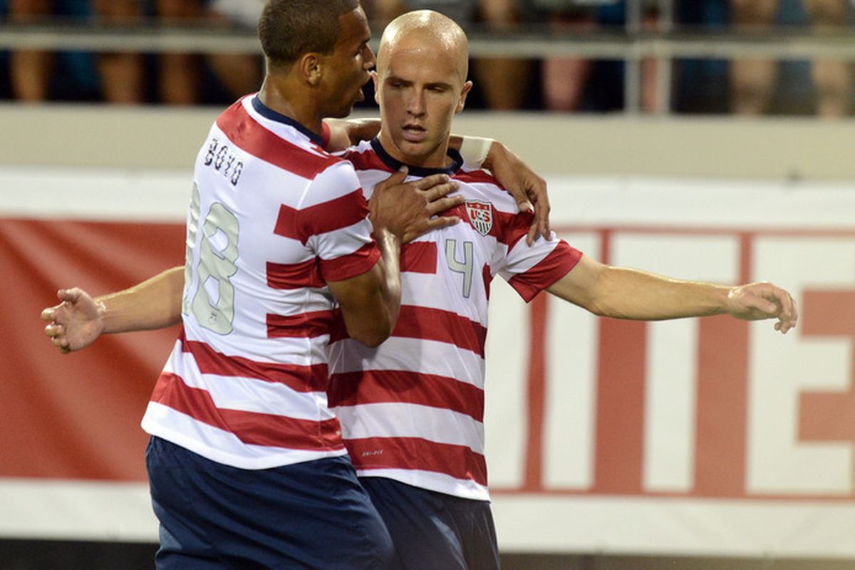 JACKSONVILLE, FL - MAY 26:  Michael Bradley #4 and Terrence Boyd #18 of Team USA , celebrate Bradley's first half goal against Team Scotland on May 26, 2012 at EverBank Field in Jacksonville, Florida. (Photo by Gary Bogdon/Getty Images)