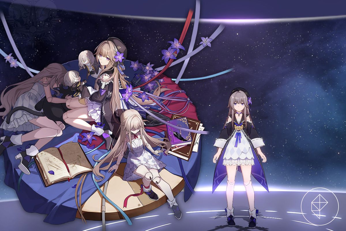 Herta’s in-game Honkai: Star Rail model with her splash art. Herta is a tiny brown-haired girl in a black and white dress.