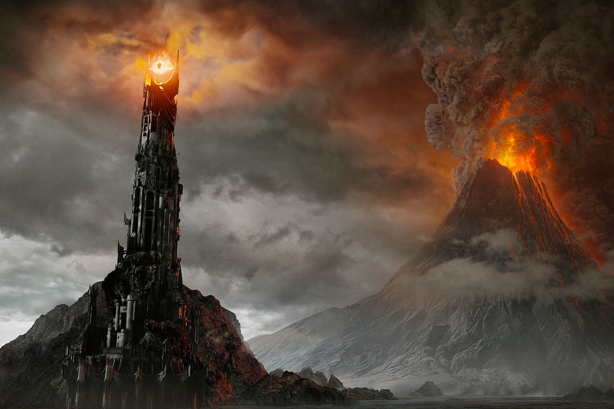 The Eye of Sauron sits in front of Mt. Doom in Lord of the Rings: The Return of the King