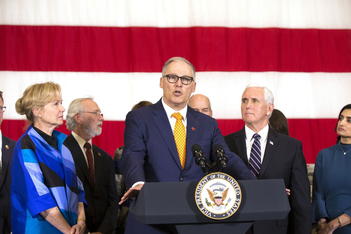 Washington State Governor Jay Inslee addresses the press during a visit by Vice President Mike Pence to discuss concerns over the coronavirus, COVID-19, on March 5, 2020 at Camp Murray adjacent to Joint Base Lewis-McChord, Washington. They are joined by Dr. Debbi Birx, White House Coronavirus Coordinator, and members of Washington state’s congressional delegation, federal, state and local officials.