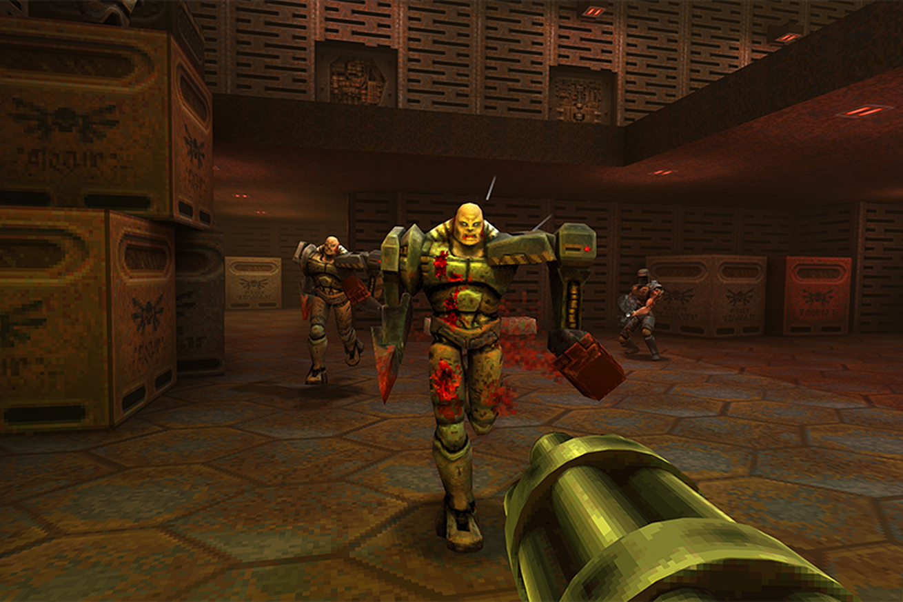 Screenshot from Quake II featuring a Space Marine shooting another space marine