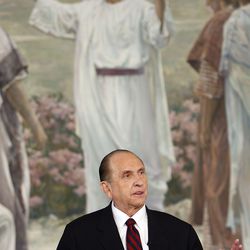 President Thomas S. Monson, newly named president of The Church of Jesus Christ of Latter-day Saints, speaks to the media at the announcement of the newly organized First Presidency of the church. Photo taken at the LDS Church Office Building in Salt Lake City on Monday, Feb. 4, 2008.