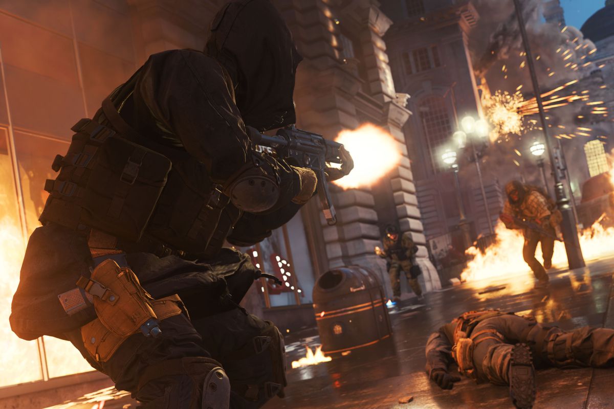 A player runs forward shooting an MP5 in Call of Duty Modern Warfare 2019.