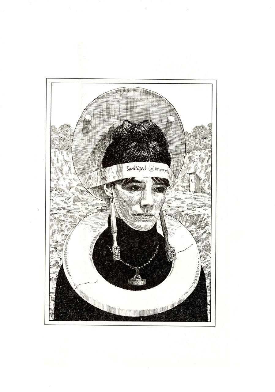 An illustration of a woman with a toilet seat hanging around her neck and head.