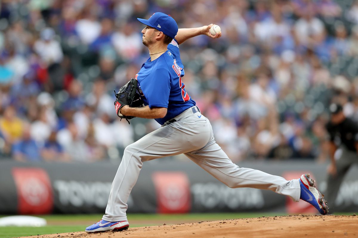 Starting pitcher Zach Davies #27 of the Chicago Cubs throws against the Colorado Rockies in the first inning at Coors Field on August 03, 2021 in Denver, Colorado.