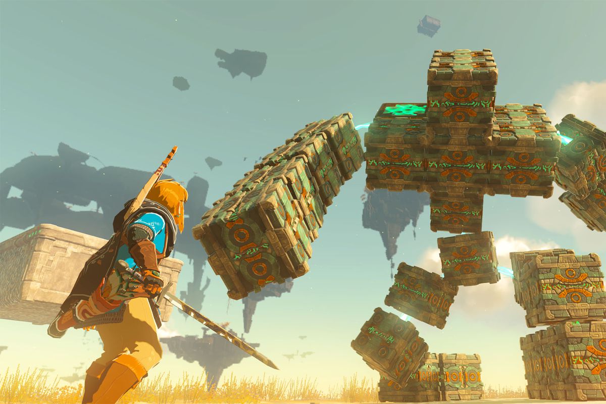 Link faces down a giant monster in a screenshot from The Legend of Zelda: Tears of the Kingdom