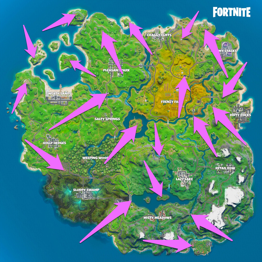 A map with all of the Fortnite Chapter 2 landmark locations marked