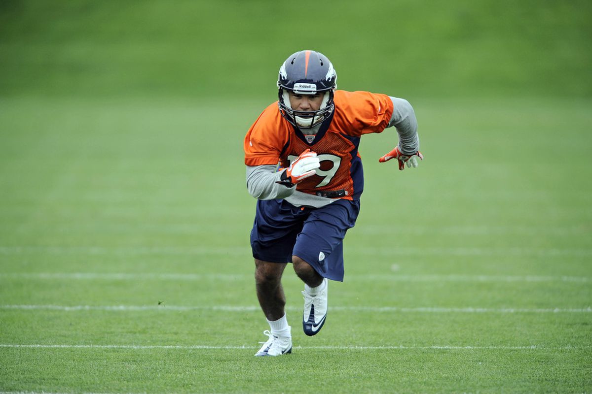 May 11 2012; Englewood, CO, USA; Denver Broncos wide receiver Eric Page (19) works out during mini camp at Broncos headquarters. Mandatory Credit: Ron Chenoy-US PRESSWIRE