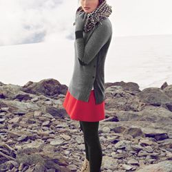 Side button sweater, fluted skirt in double crepe and wool houndstooth scarf.