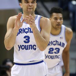 Brigham Young Cougars guard Elijah Bryant (3) cheers during the game against the San Diego Toreros at the Marriott Center in Provo on Saturday, Jan. 20, 2018.