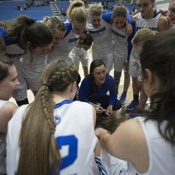 Fremont coach Lisa Dalebout speaks to her team near the end of Fremont's 48-46 win over Riverton in the Class 6A state quarterfinals at Salt Lake Community College in Taylorsville on Thursday, Feb. 22, 2018.