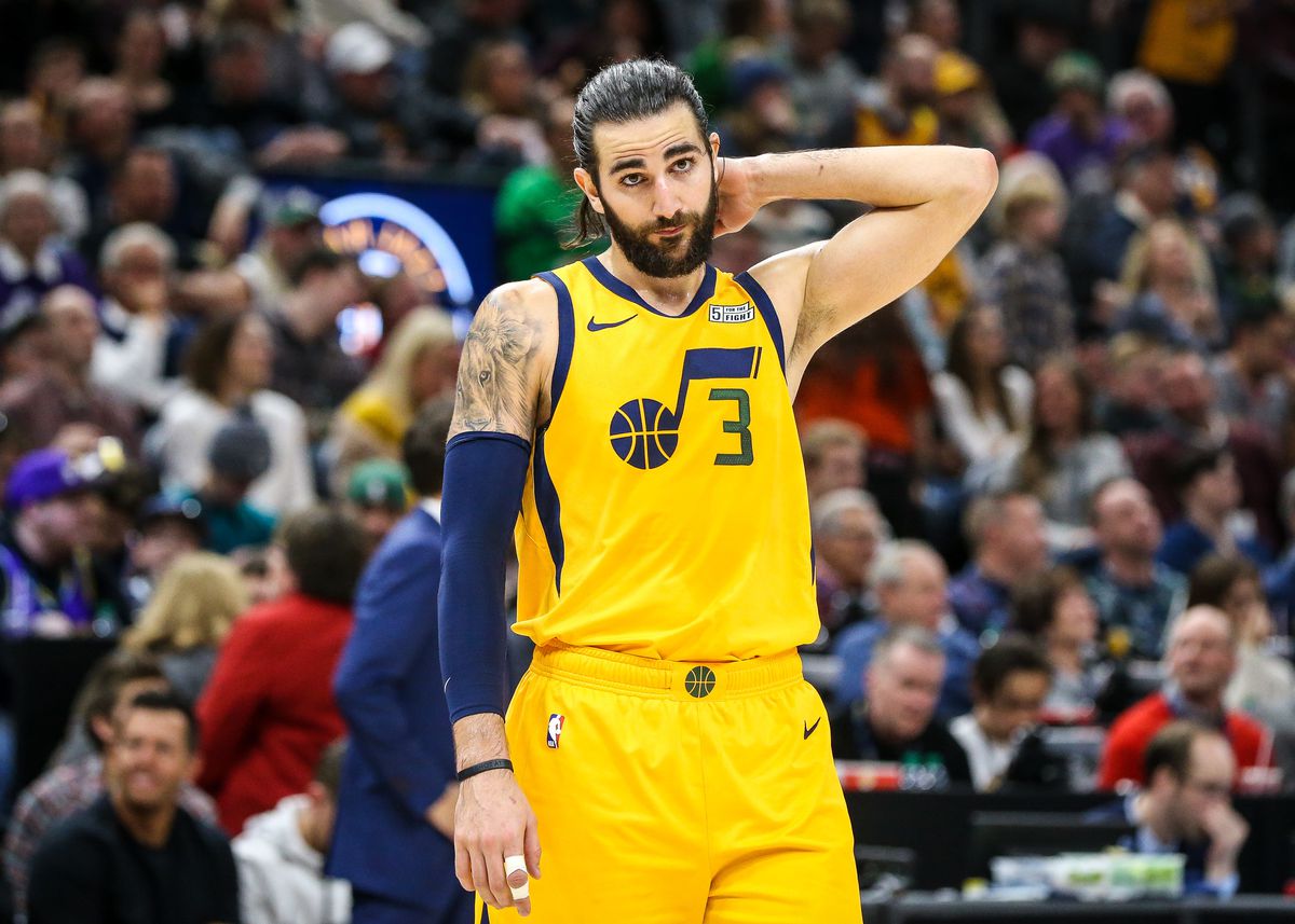 Utah Jazz guard Ricky Rubio (3) waits for the start of a play as the Utah Jazz and the Philadelphia 76ers play an NBA basketball game at Vivint Smart Home Arena in Salt Lake City on Thursday, Dec. 27, 2018.