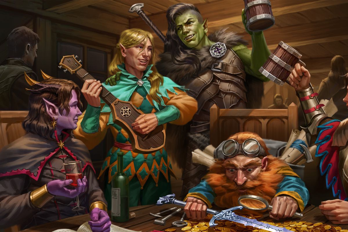 A party of adventurers celebrates at a tavern. As a bard plays on, several drink and carouse. A dwarf admires a sword with a magnifying glass in the foreground.