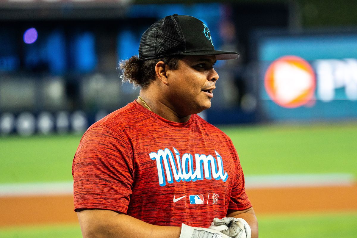 Willians Astudillo wears the Marlins’ City Connect uniforms prior to a game against the San Francisco Giants at LoanDepot Park on Saturday, June 4, 2022