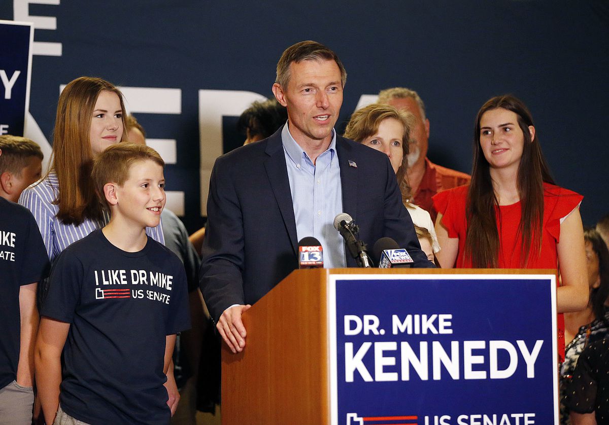 State Rep. Mike Kennedy, R-Alpine, concedes to Mitt Romney in Lehi on Tuesday, June 26, 2018, during the Republican primary election for U.S. Senate.