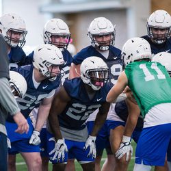 The BYU football team practices in Provo, Wednesday, March 7, 2018.