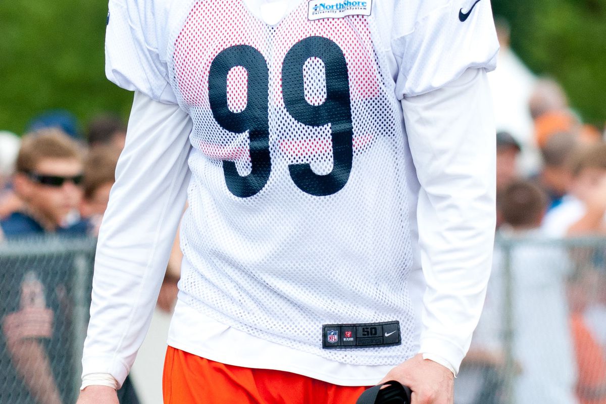 Jul 26, 2012; Bourbonnais, IL, USA; Chicago Bears defensive end Shea McClellin walks to the practice field during the opening day of training camp at Olivet Nazarene University. Mandatory Credit: Bradley Leeb-US PRESSWIRE