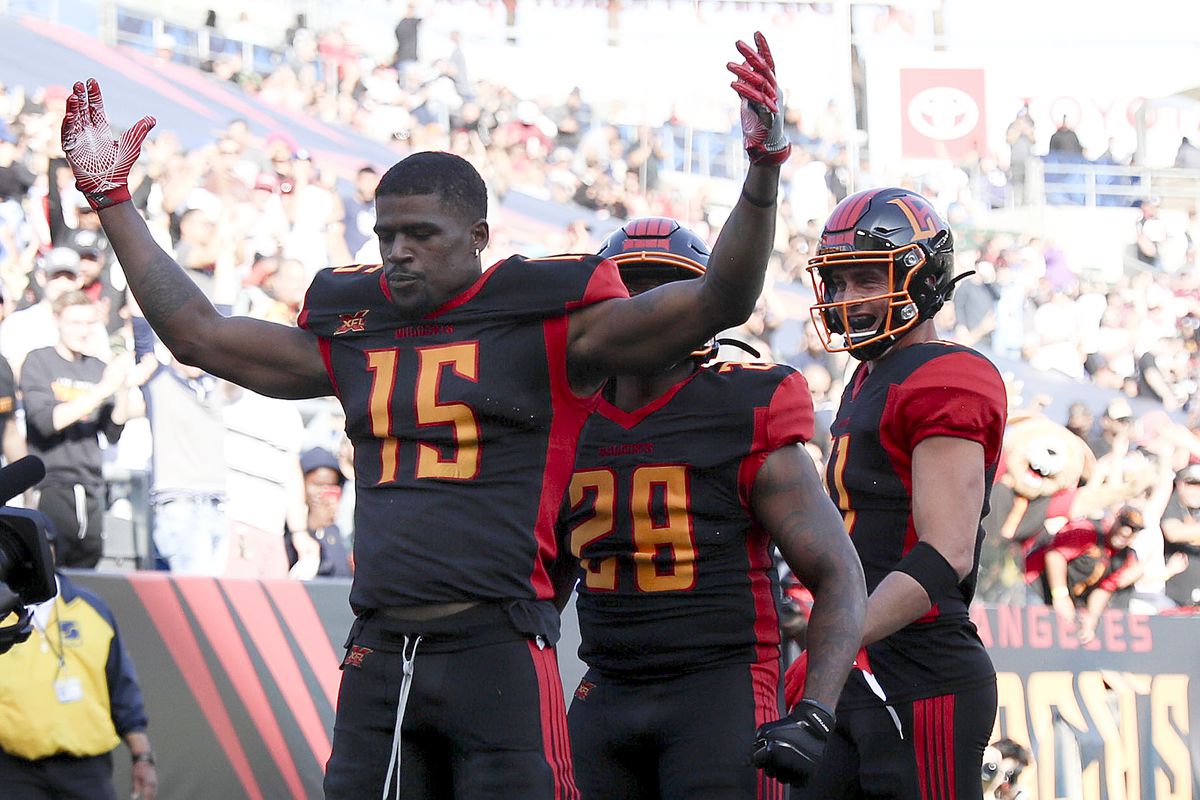 Tre McBride #15 of the LA Wildcats celebrates the first touchdown during their XFL game against the DC Defenders at Dignity Health Sports Park on February 23, 2020 in Carson, California.