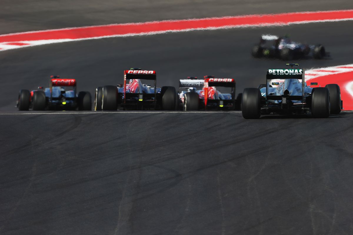 A general view as cars make their way through turn two during the United States Formula One Grand Prix at the Circuit of the Americas on November 18, 2012 in Austin, Texas.