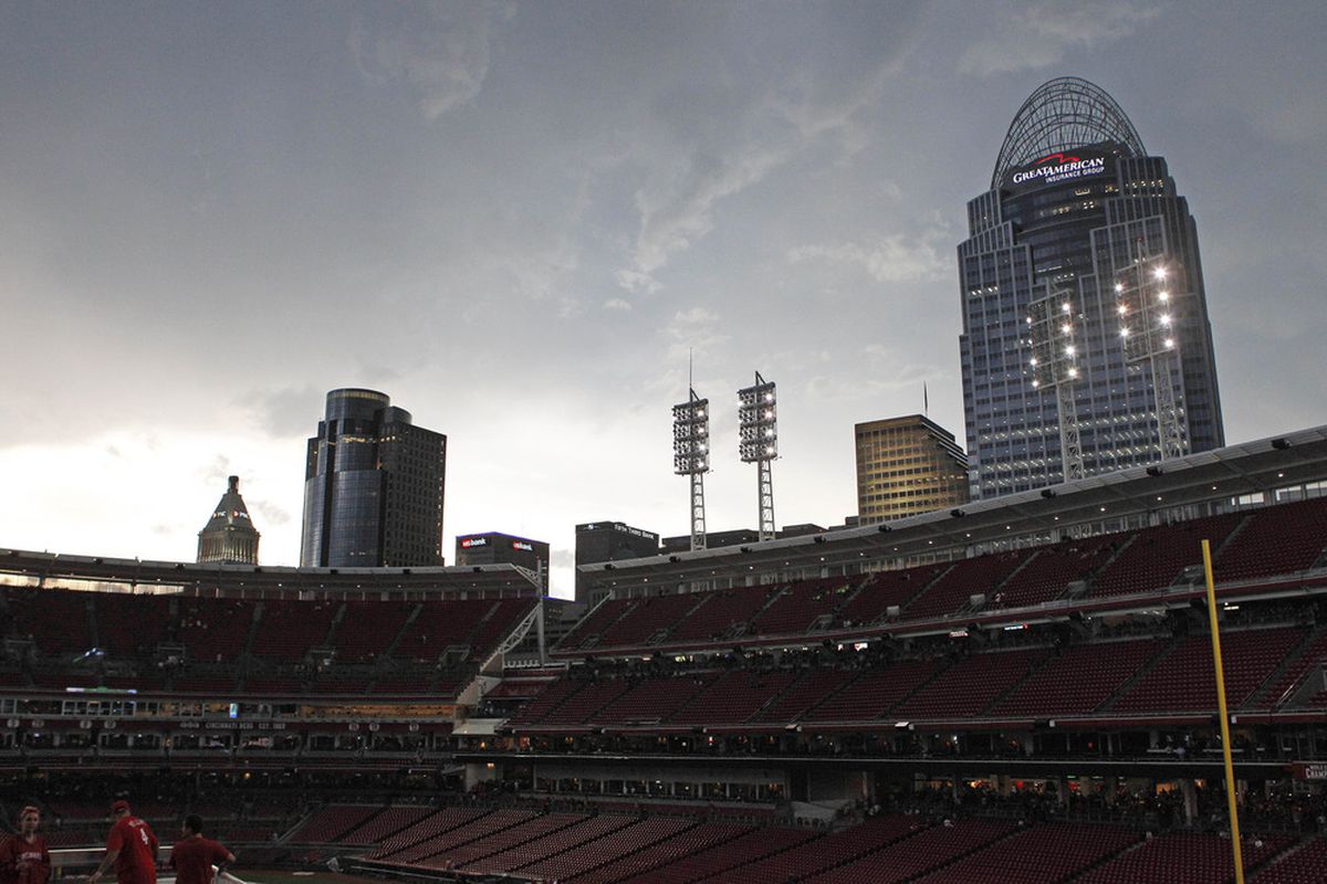 Cincinnati, OH, USA; A general view of the city skyline during a rain delay before the game against the  Cincinnati Reds and the Chicago Cubs at Great American Ballpark. Credit: Frank Victores-US PRESSWIRE