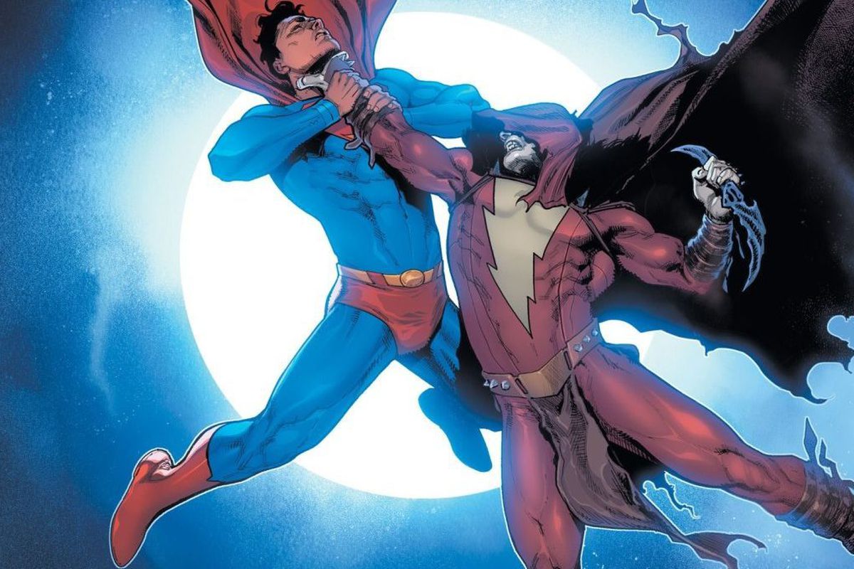 Shazam, corrupted by the Batman Who Laughs, holds Superman by the throat, silhouetted against a bright moon, in Batman/Superman #2, DC Comics (2019). 