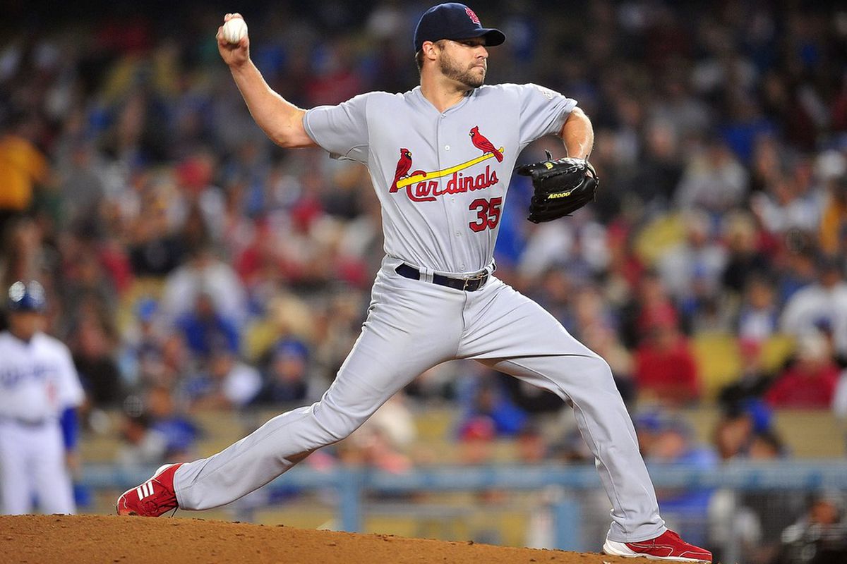 May 19, 2012; Los Angeles, CA, USA; St. Louis Cardinals starting pitcher Jake Westbrook (35) pitches in the sixth inning pitches in the  against the Los Angeles Dodgers at Dodger Stadium.  Mandatory Credit: Gary A. Vasquez-US PRESSWIRE