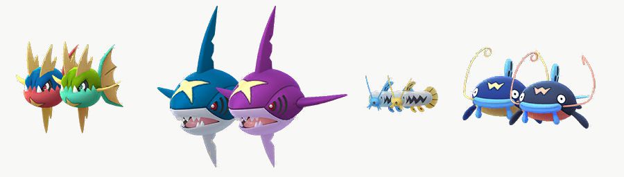 Carvanha, Sharpedo, Barboach, and Whiscash with their Shiny variants in Pokémon Go