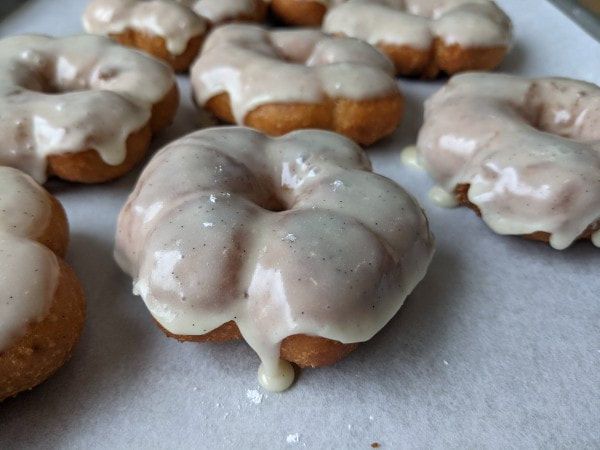 Vanilla-glazed mochi donuts.