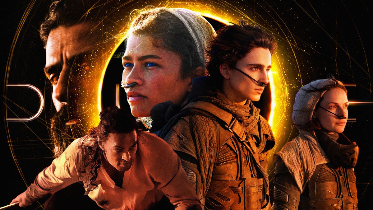 Photo illustration featuring a montage of the main characters from the Movie DUNE on a dark background and a glowing planet