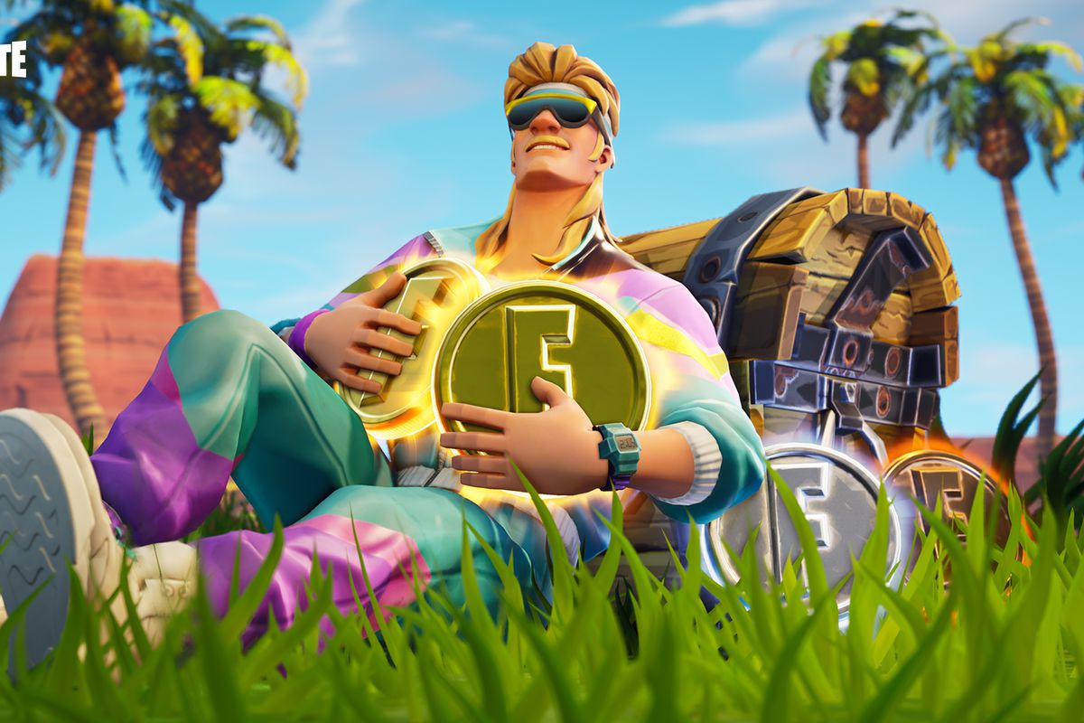 Fortnite - guy lying in field with coins and treasure chest