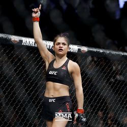 Cynthia Calvillo celebrates after her UFC 219 fight.