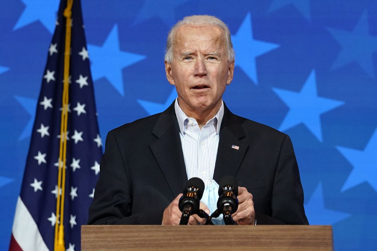Democratic presidential candidate former Vice President Joe Biden speaks Thursday, Nov. 5, 2020, in Wilmington, Del.