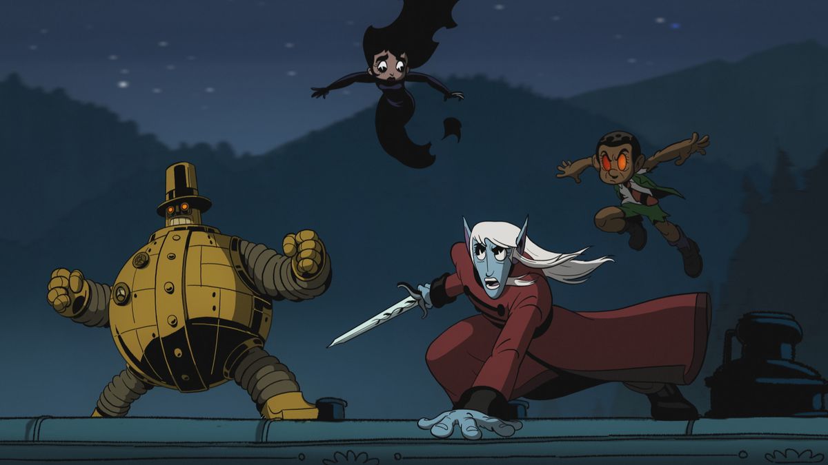 (L-R) A bronze steampunk robot in a top hat (Copernicus), a woman with dark flowing hair and a black silhouette (Melinda/Emma), an Elven warrior with blue skin and long white hair (Eldred), and a young boy in a school outfit with glowing orange eyes (Seng) stand together in an action pose in Unicorn: Warriors Eternal.