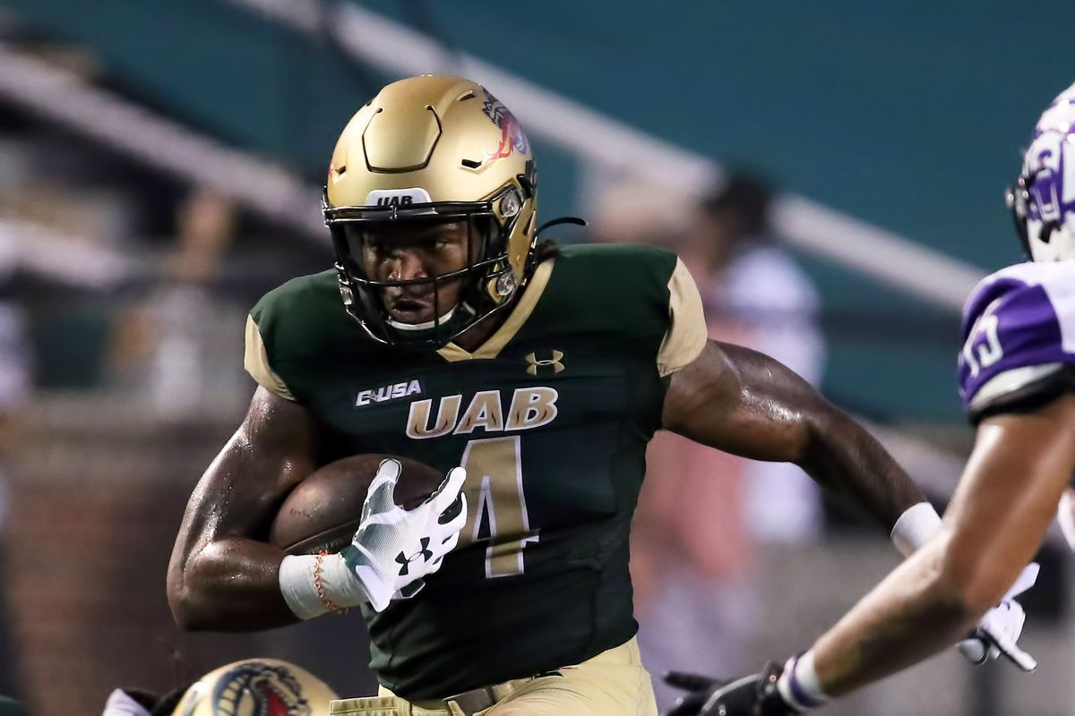 UAB Blazers running back Spencer Brown (4) carries the ball during the college football game between the Central Arkansas Bears and the UAB Blazers on September 3, 2020, at Legion Field in Birmingham, AL.