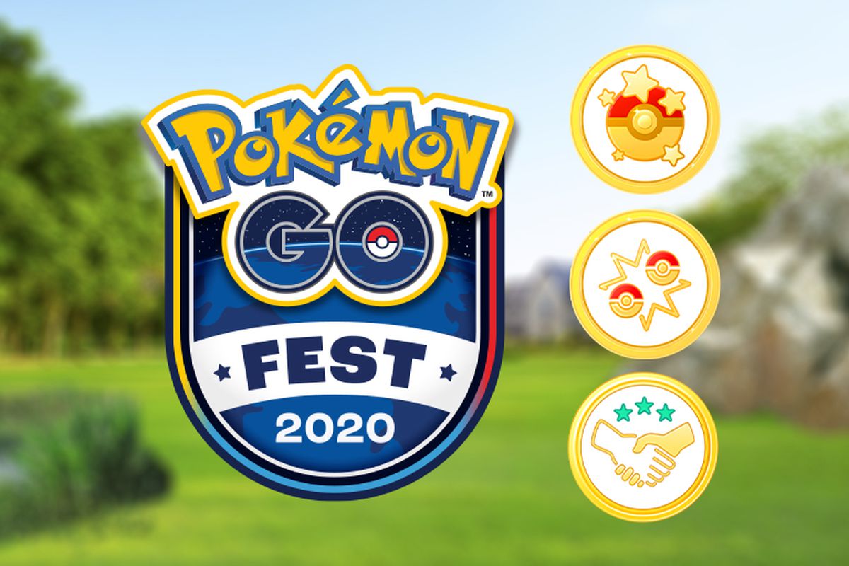An emblem with the Pokémon Go Fest 2020 logo, as well as three golden Pokémon Go badges