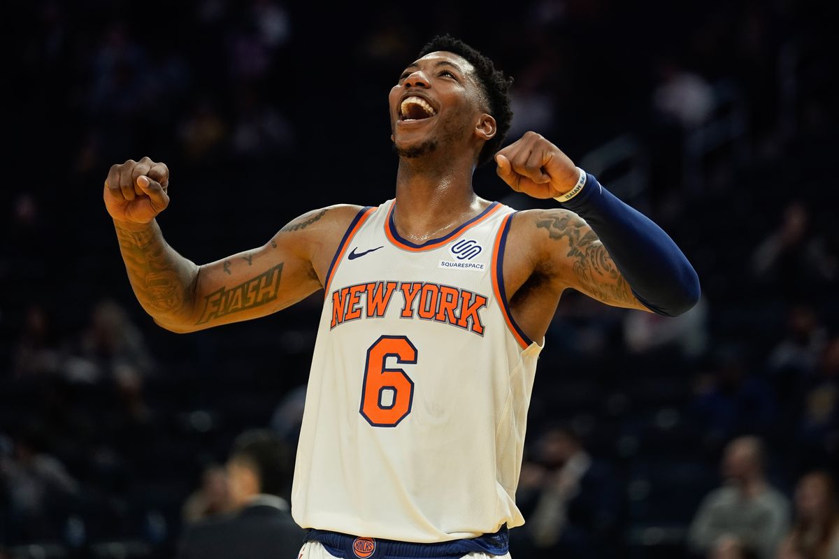 New York Knicks guard Elfrid Payton reacts during overtime against the Golden State Warriors at Chase Center.