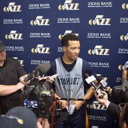 Villanova guard Jalen Brunson talks to reporters during a six-person workout at Zions Bank Basketball Center in Salt Lake City on Monday, June 4, 2018.
