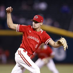 Relief pitcher Matt Brash #6 of Team Canada reacts after the final out to defeat Team Great Britain 18-8 in seven innings during the World Baseball Classic Pool C game at Chase Field on March 12, 2023 in Phoenix, Arizona.