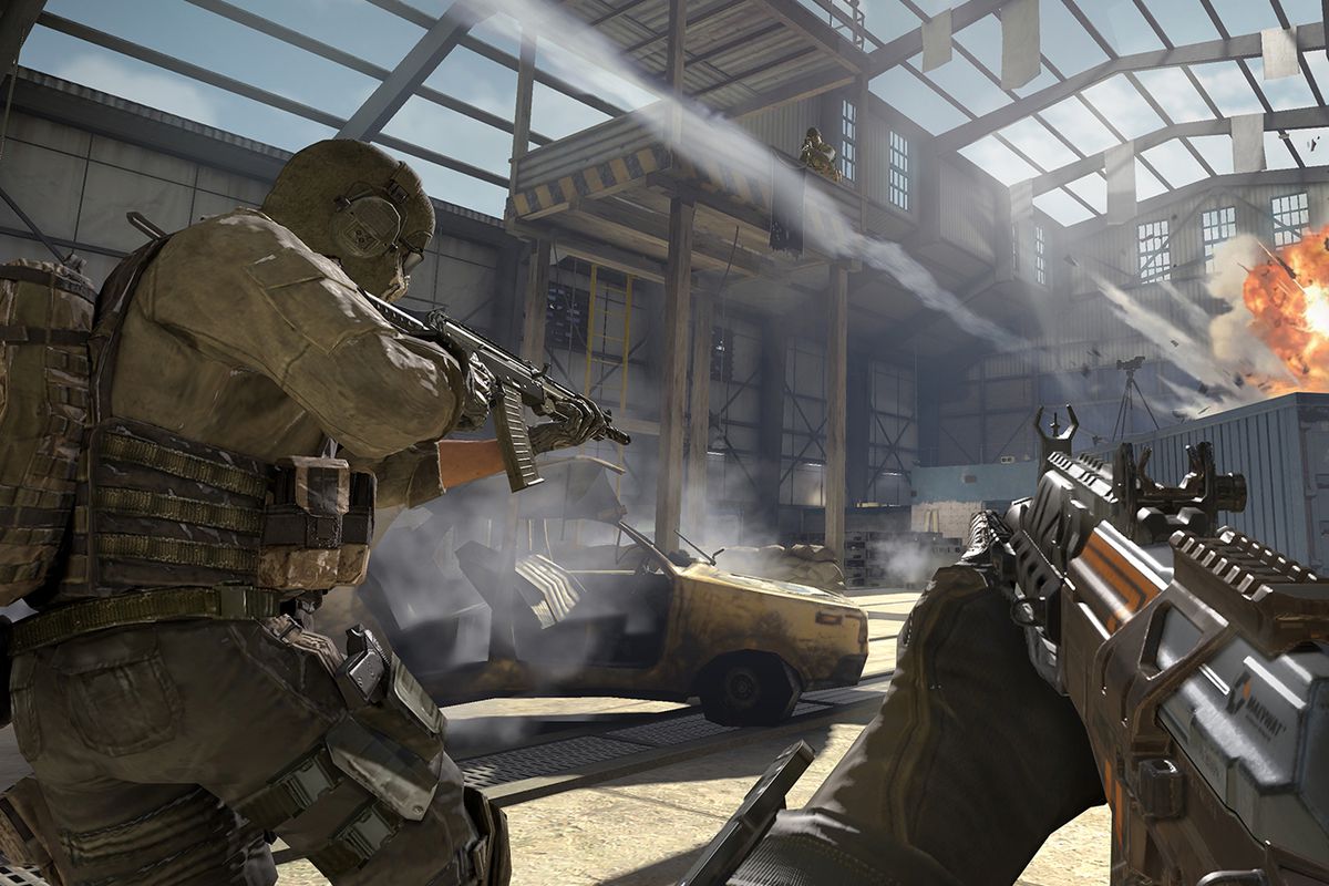 Call of Duty: Mobile screenshot, with a soldier holding a gun toward an explosion